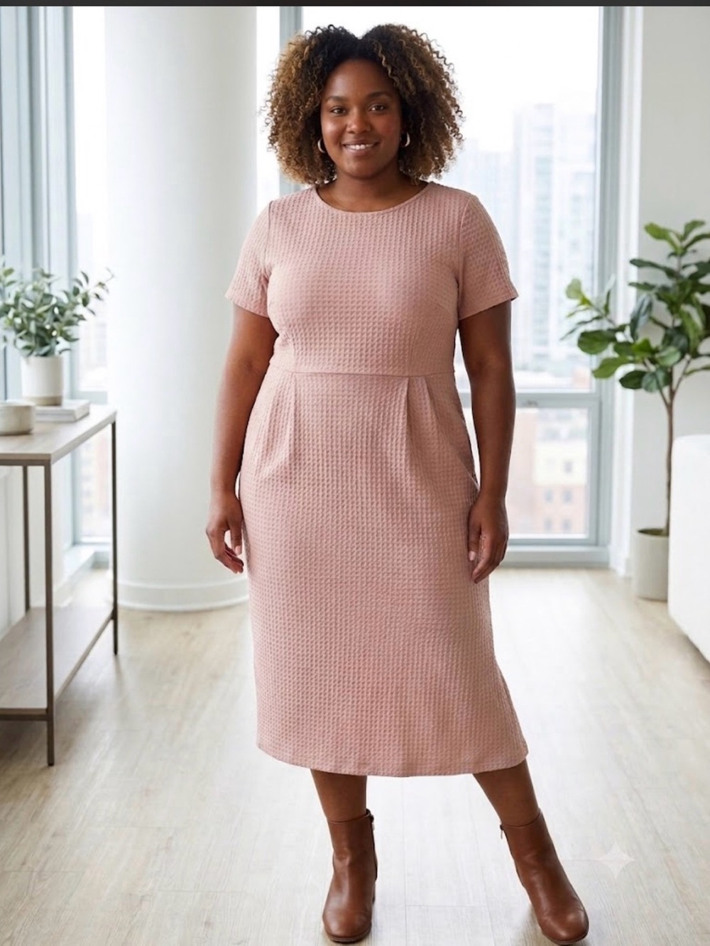 ASOS Blush Pink Textured Short-Sleeve Midi Dress